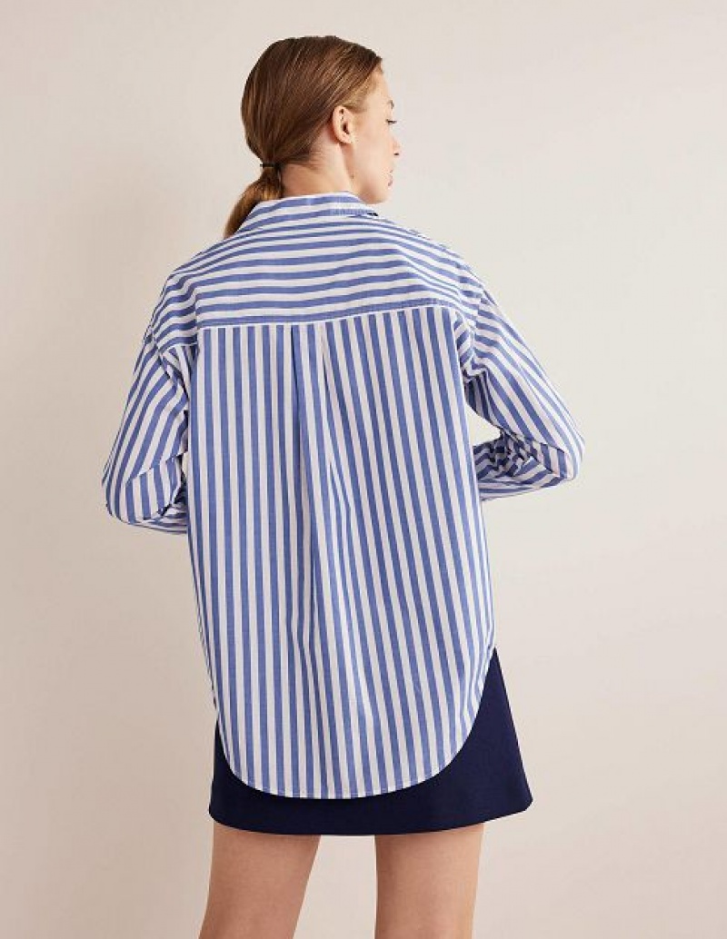 Deep Blue Stripes Women's Boden Oversized Cotton Shirts | 94867LGSO