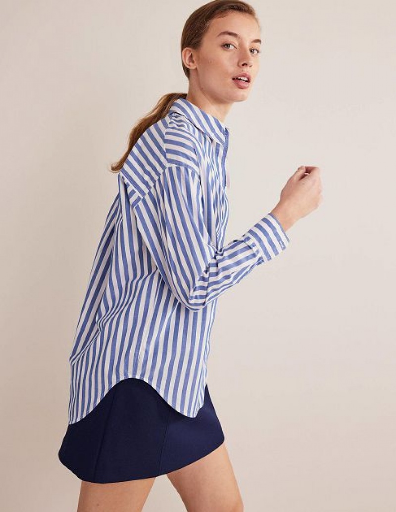 Deep Blue Stripes Women's Boden Oversized Cotton Shirts | 94867LGSO