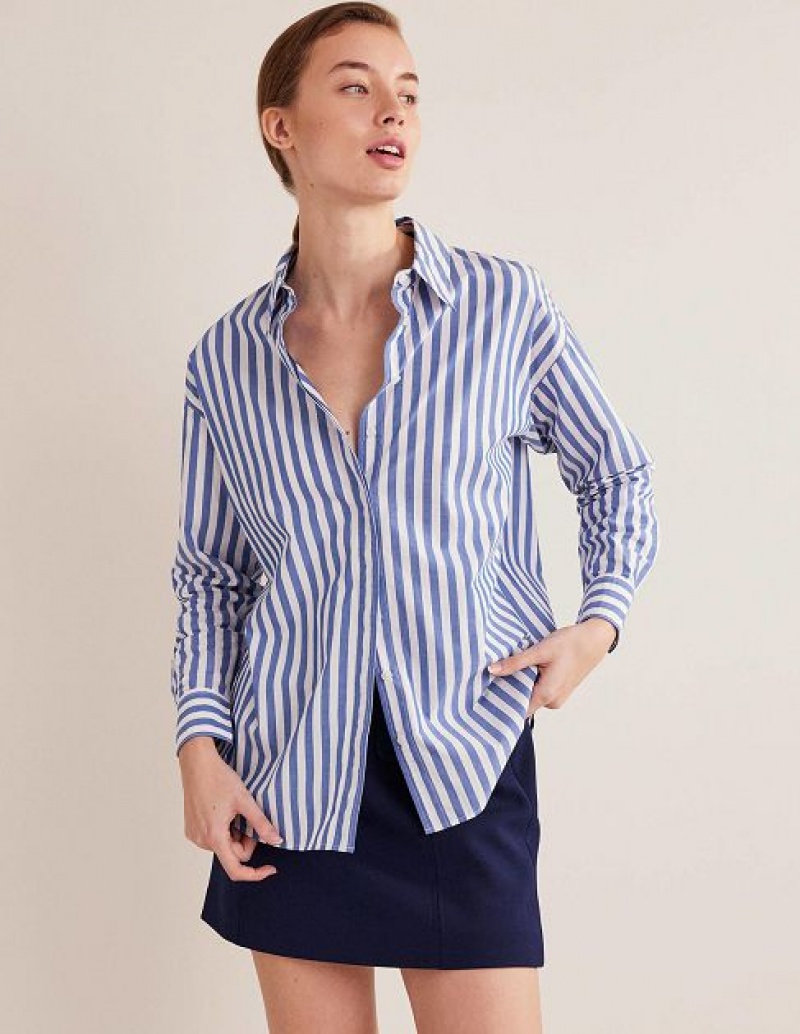 Deep Blue Stripes Women\'s Boden Oversized Cotton Shirts | 94867LGSO