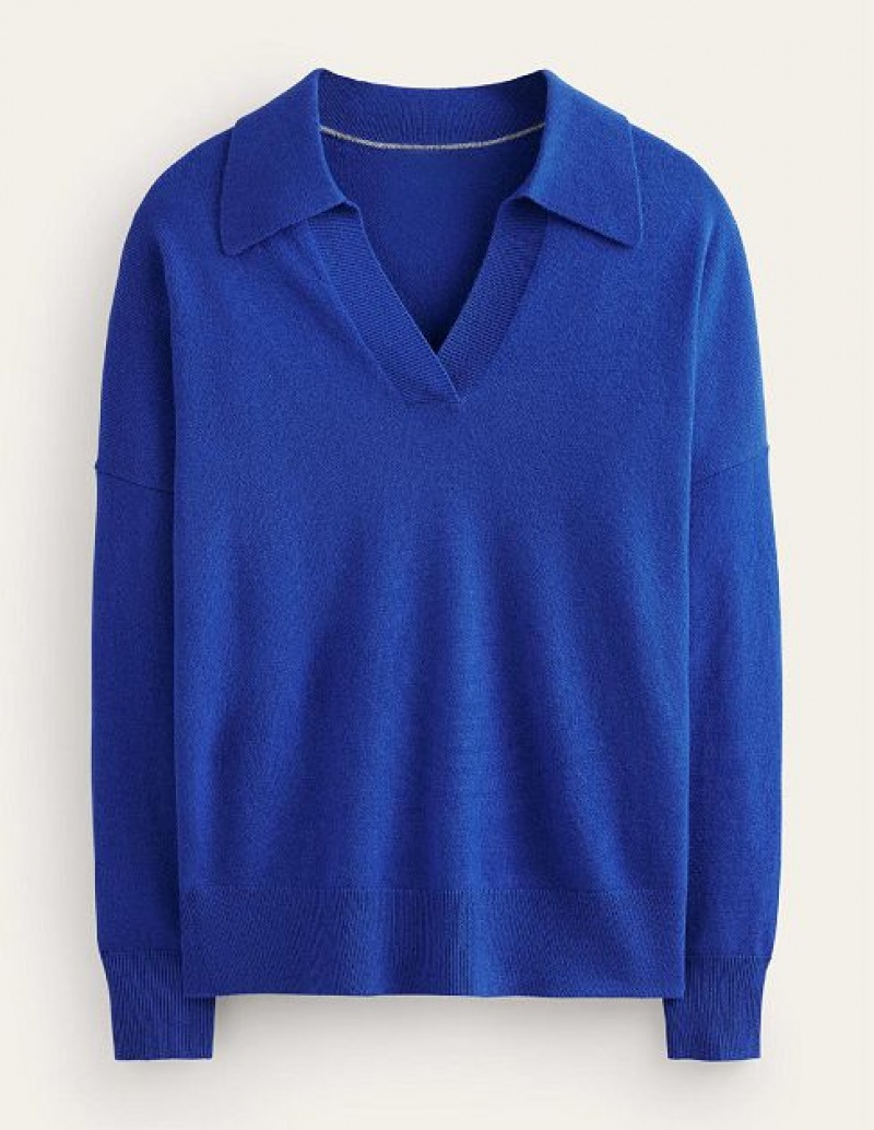 Deep Blue Women's Boden Collared Cashmere Henley Sweaters | 41582VKXZ