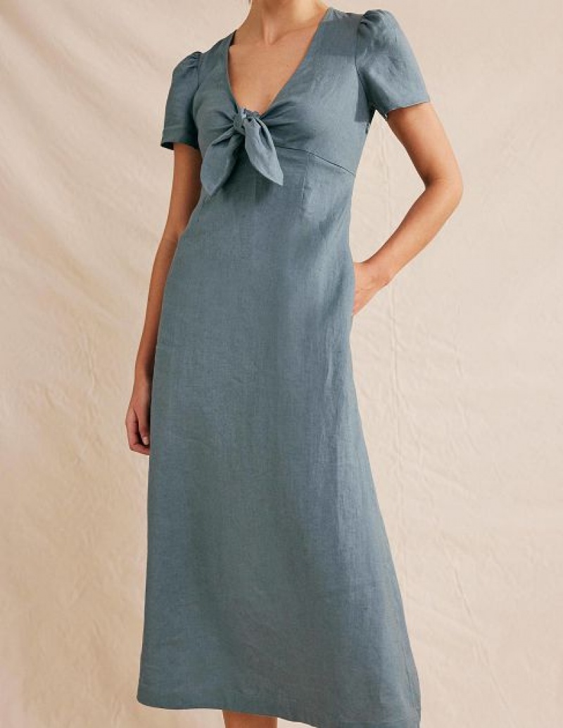 Deep Blue Women's Boden Tie Front Linen Midi Dress | 21476RUTS