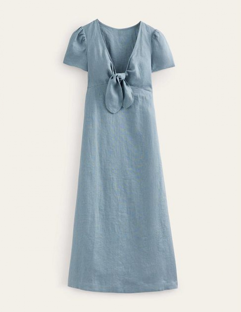 Deep Blue Women's Boden Tie Front Linen Midi Dress | 21476RUTS