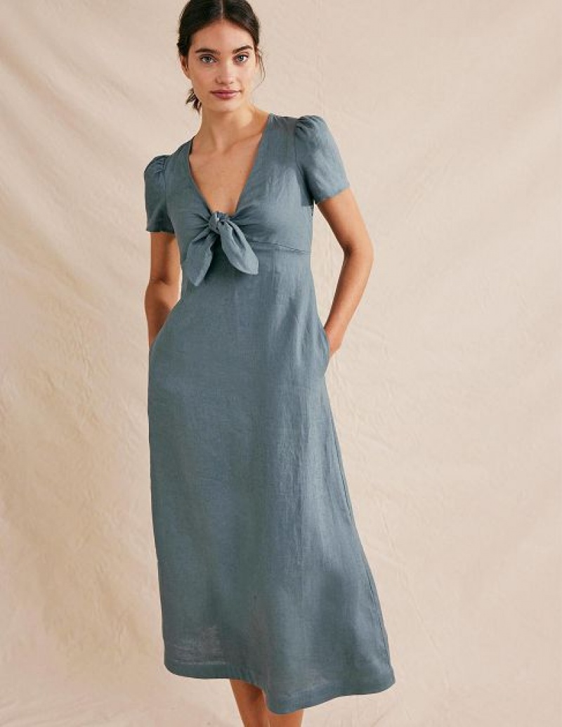 Deep Blue Women\'s Boden Tie Front Linen Midi Dress | 21476RUTS