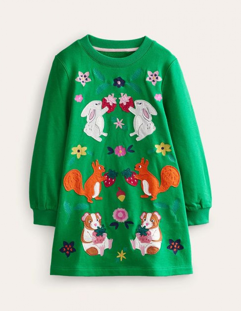 Deep Green Kids' Boden Cosy Appliqué Sweat Shirt Dress | 41602EZHB