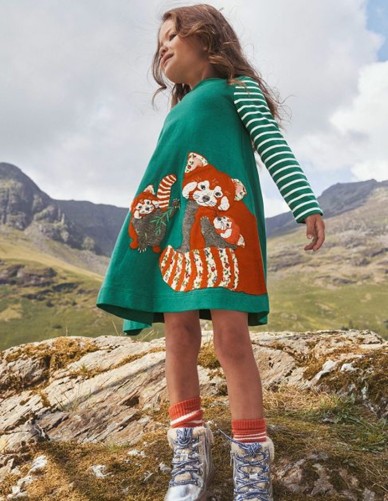 Deep Green Red Kids\' Boden Big Appliqué Dress | 12983JDYQ