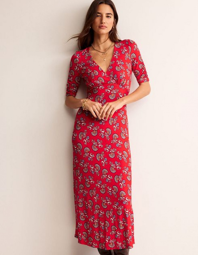 Deep Red Women's Boden Rebecca Jersey Midi Dress | 71586FPLH