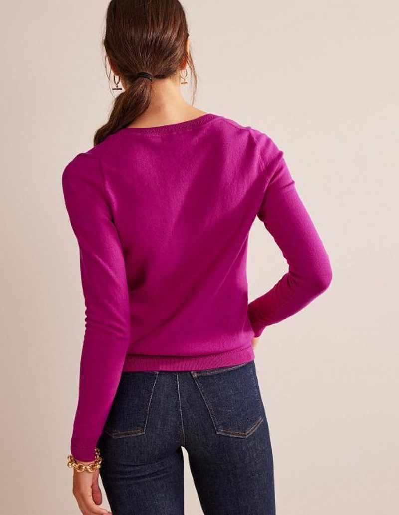 Fuchsia Women's Boden Catriona Cotton V-neck Jumpers | 69425PCQD