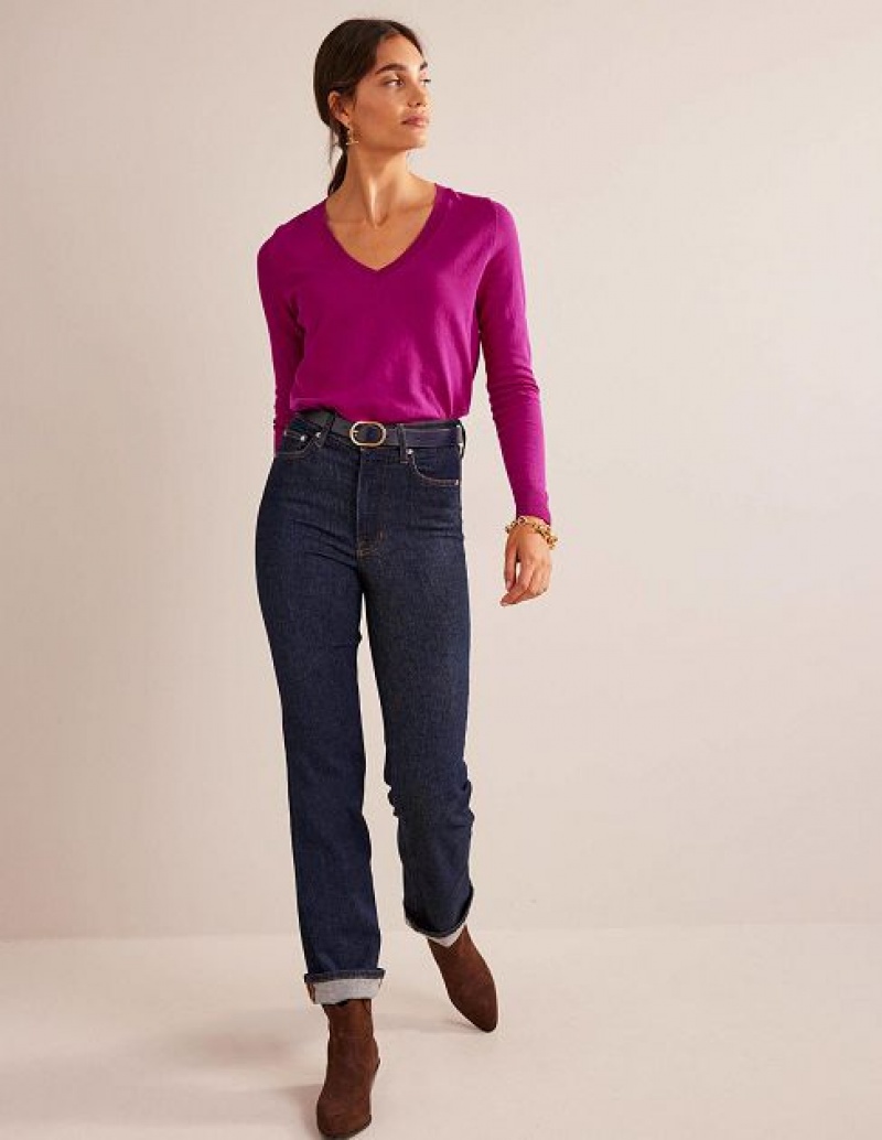 Fuchsia Women's Boden Catriona Cotton V-neck Jumpers | 69425PCQD