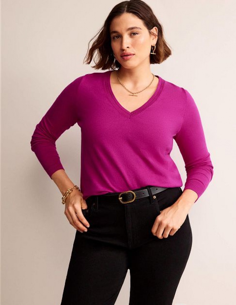 Fuchsia Women's Boden Catriona Cotton V-neck Jumpers | 69425PCQD