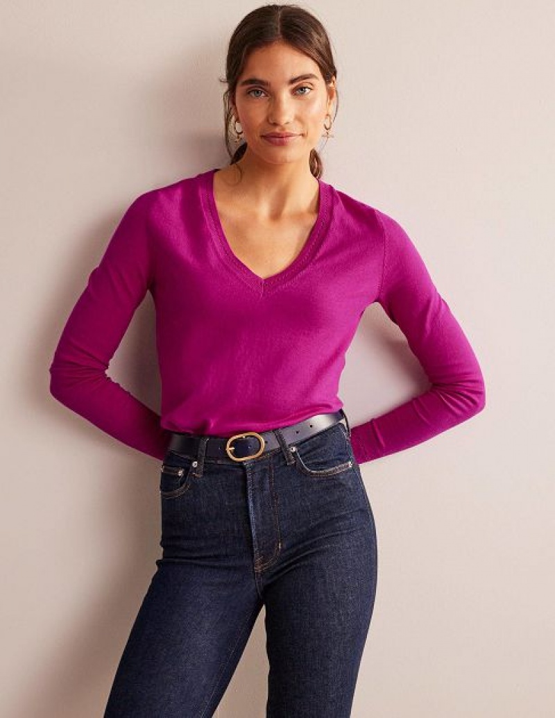 Fuchsia Women\'s Boden Catriona Cotton V-neck Jumpers | 69425PCQD