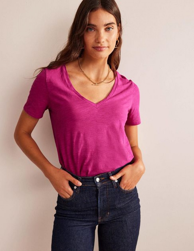 Fuchsia Women's Boden Regular V-neck Slub T-Shirt | 75294BPOR