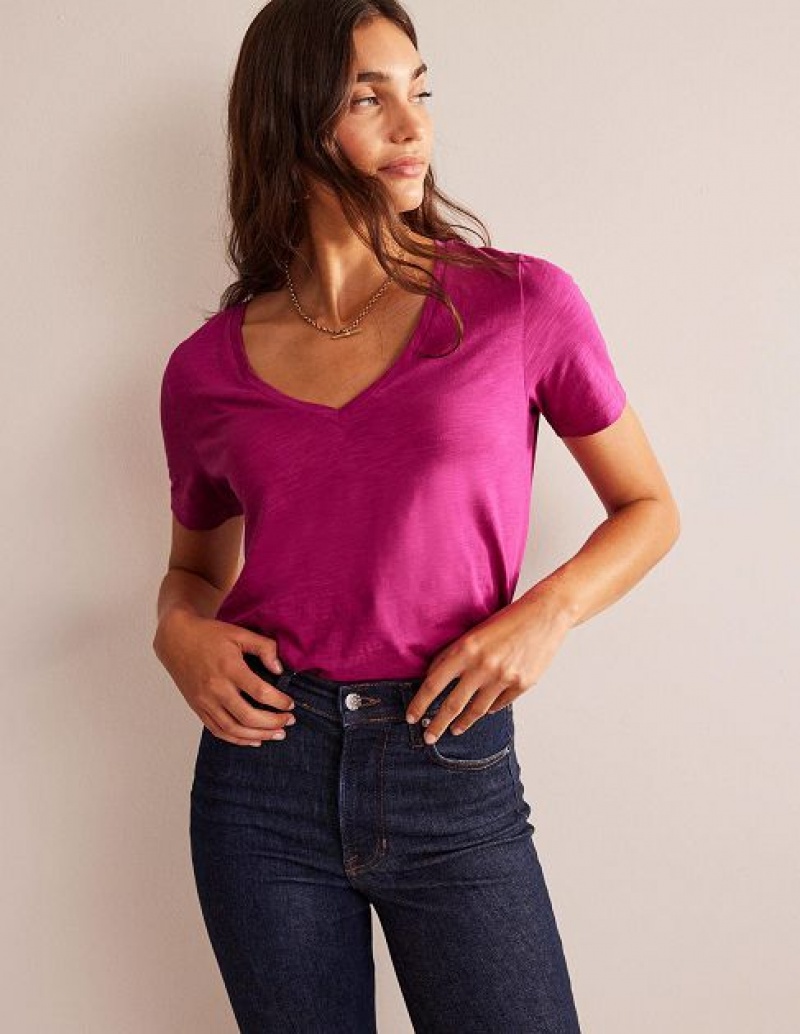 Fuchsia Women\'s Boden Regular V-neck Slub T-Shirt | 75294BPOR