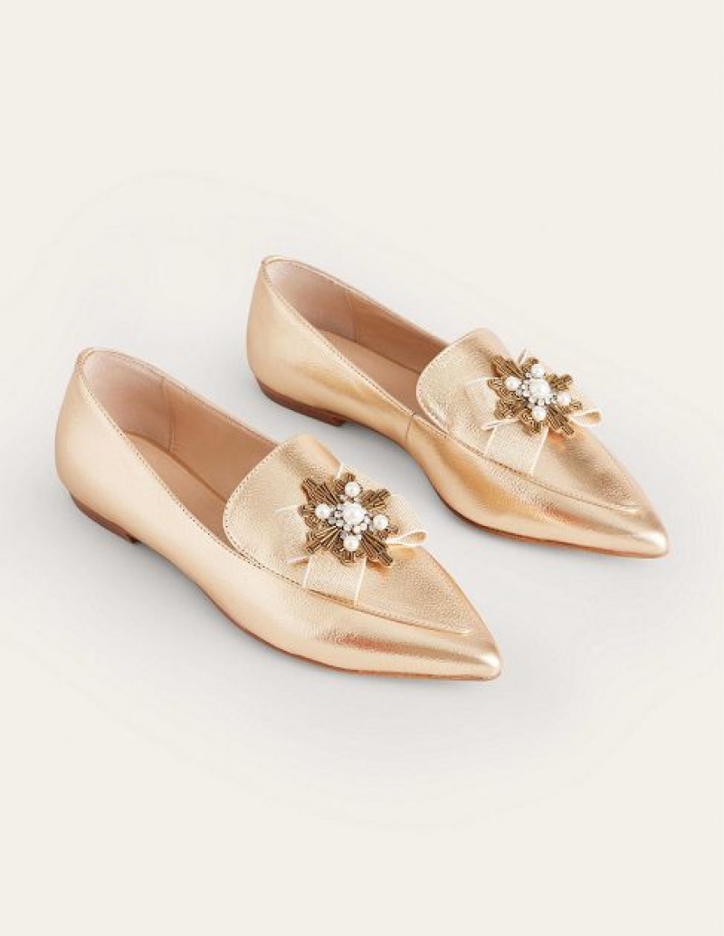 Gold Women's Boden Embellished Pointed Loafers | 80263IKCQ