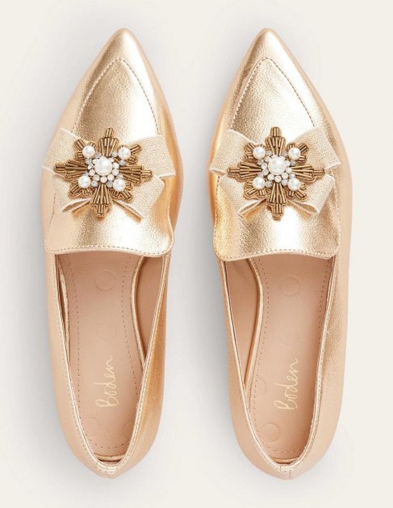 Gold Women's Boden Embellished Pointed Loafers | 80263IKCQ