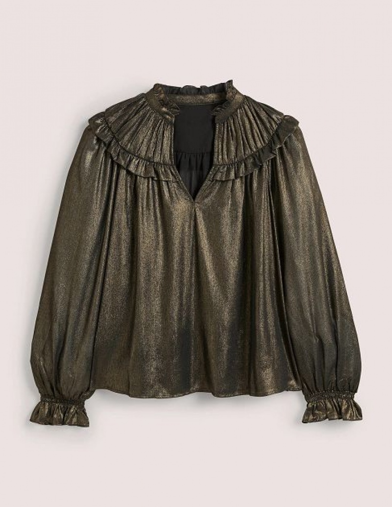 Gold Women's Boden Gold Ruffle Collar Metallic Tops | 49581LSUJ