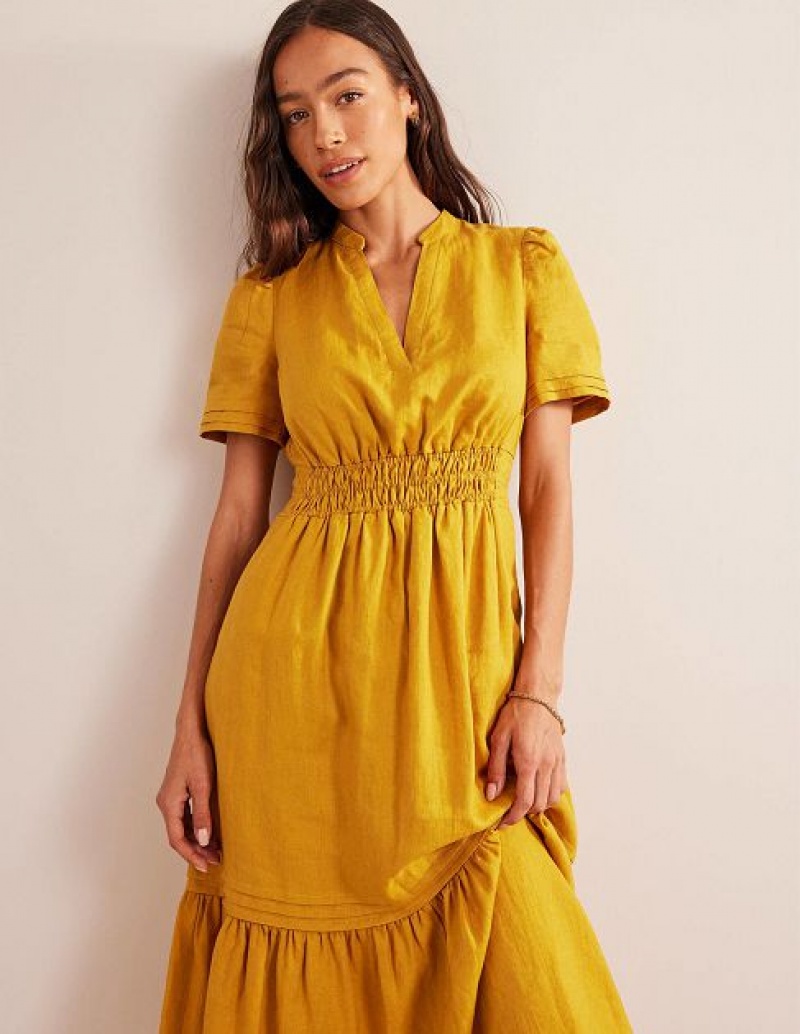 Gold Women's Boden Pintuck Detail Midi Dress | 31256IEBY