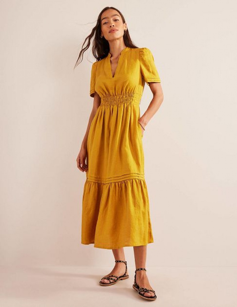 Gold Women\'s Boden Pintuck Detail Midi Dress | 31256IEBY