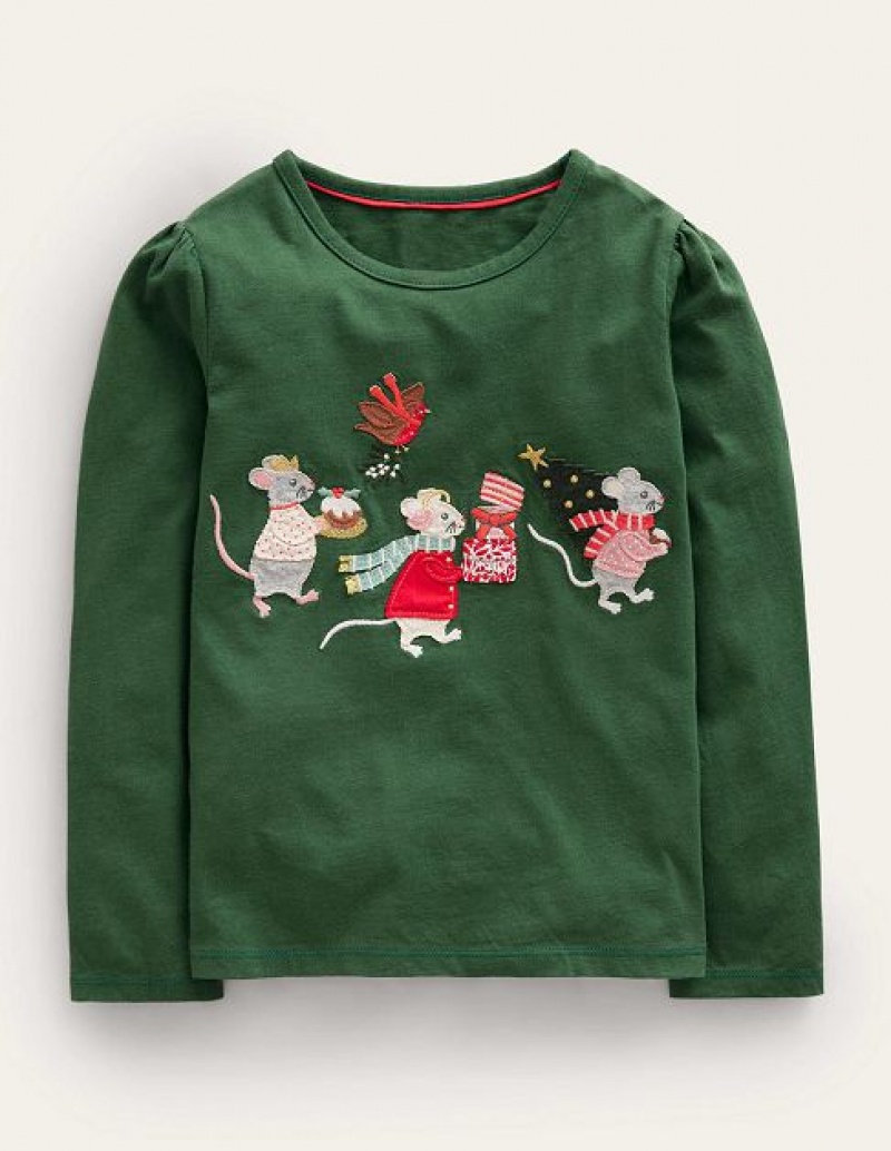 Green Kids' Boden Appliqué Puff-sleeve Tops | 10826CVBL