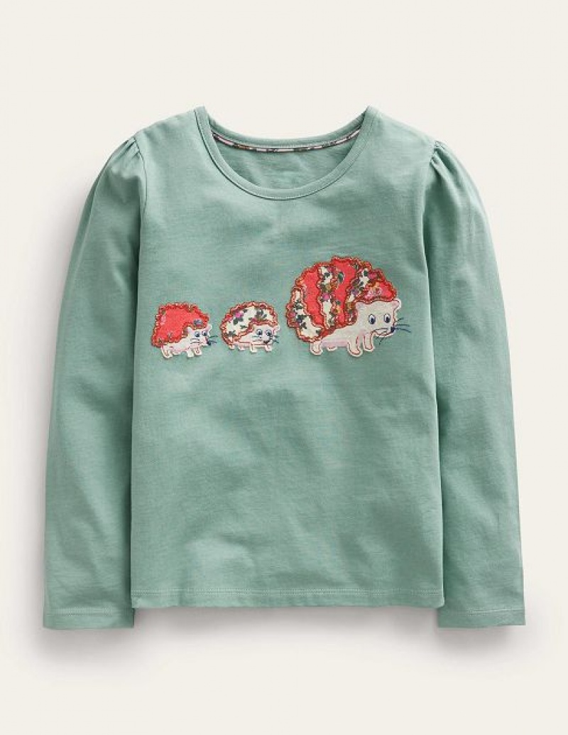 Green Kids' Boden Appliqué Puff-sleeve Tops | 37986UAYZ