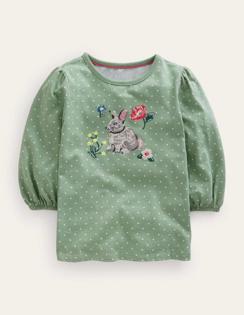 Green Kids' Boden Appliqué Sleeve Detail Tops | 81239QEDW