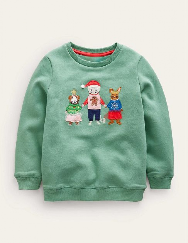 Green Kids\' Boden Cosy Applique Sweatshirts | 02351PKTZ