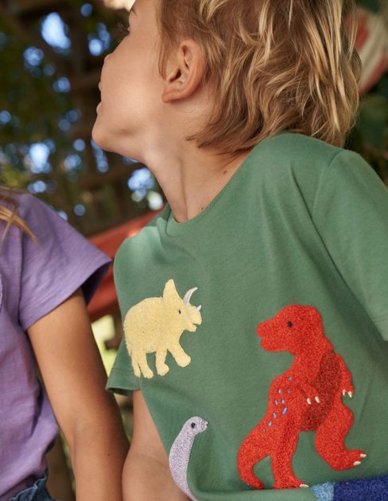 Green Kids' Boden Dinosaur-print Bouclé T-Shirt | 03461QHDX