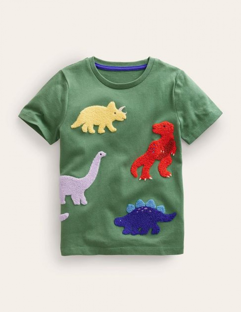 Green Kids' Boden Dinosaur-print Bouclé T-Shirt | 03461QHDX