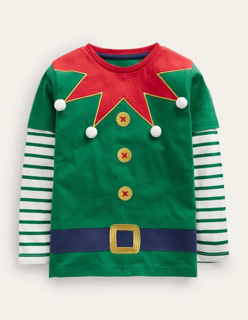 Green Kids' Boden Elf Applique T-Shirt | 48597SNOL