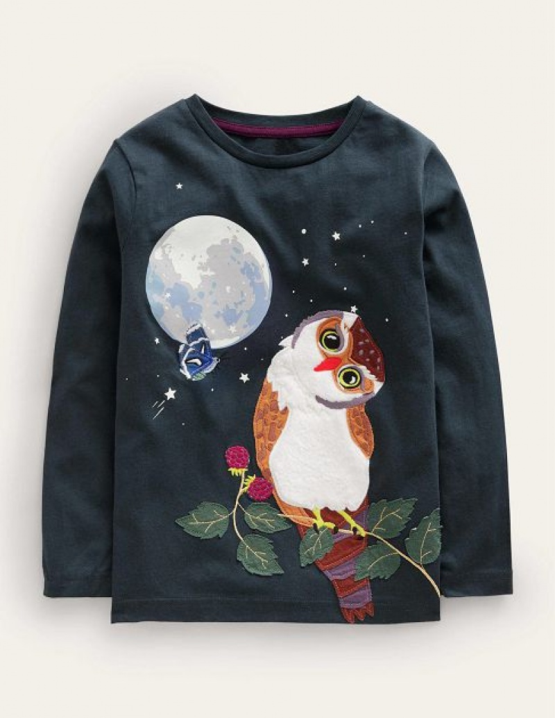 Green Kids' Boden Owl Appliqué T-Shirt | 71630UFJY