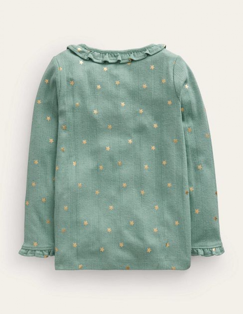 Green Kids' Boden Ruffle Sparkle Pointelle Sweaters | 04318LIHE