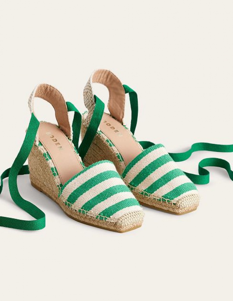 Green Stripes Women's Boden Modern Wedge Sandals | 43765IJXY