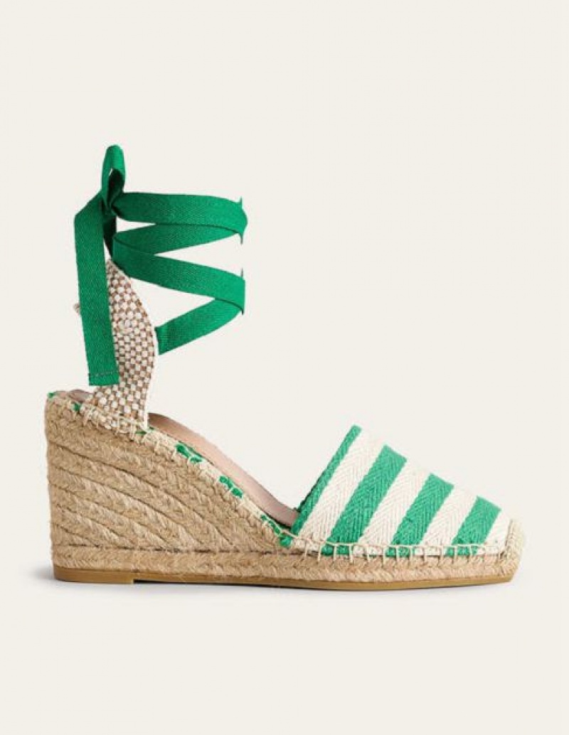 Green Stripes Women's Boden Modern Wedge Sandals | 43765IJXY