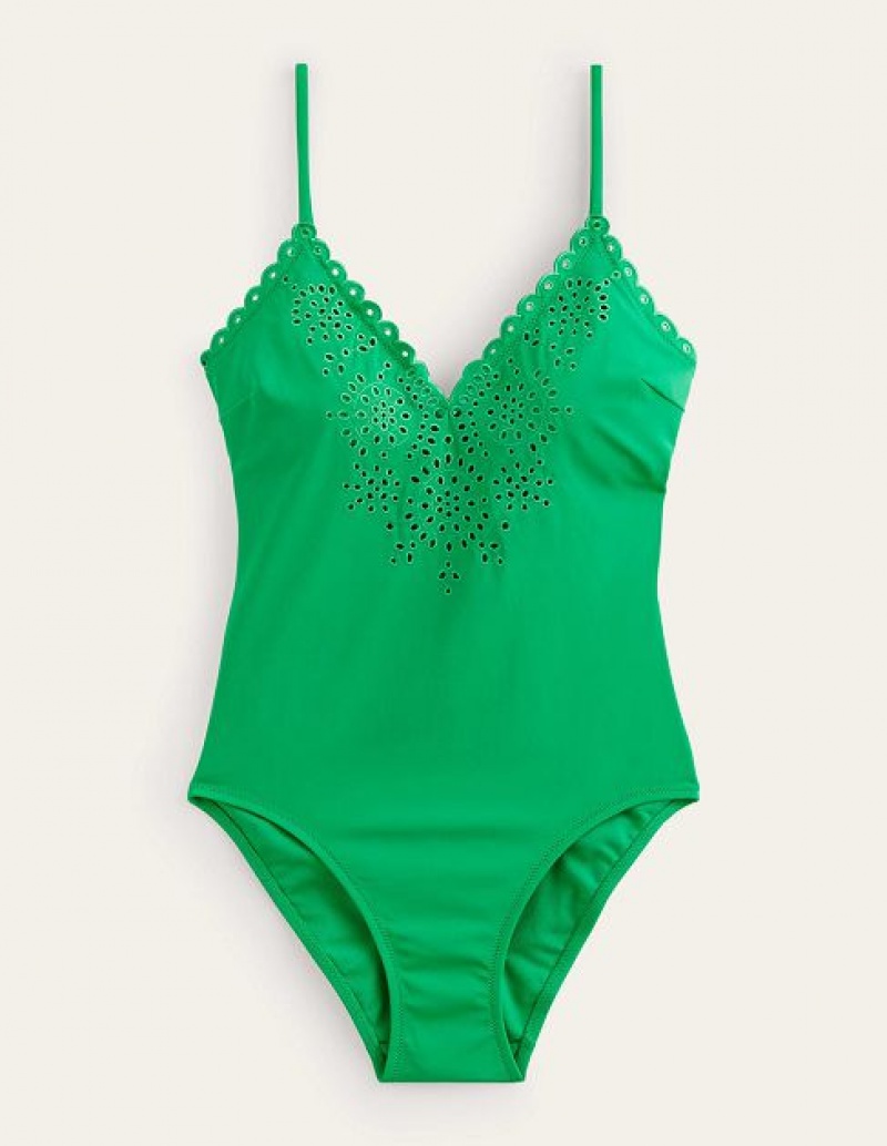 Green Women's Boden Broderie V-neck Swimsuits | 85601DITA