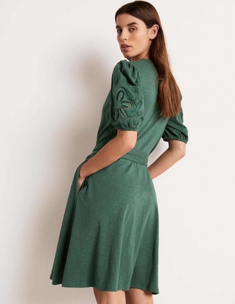 Green Women's Boden Embroidered Jersey Shirt Dress | 85794XAGI