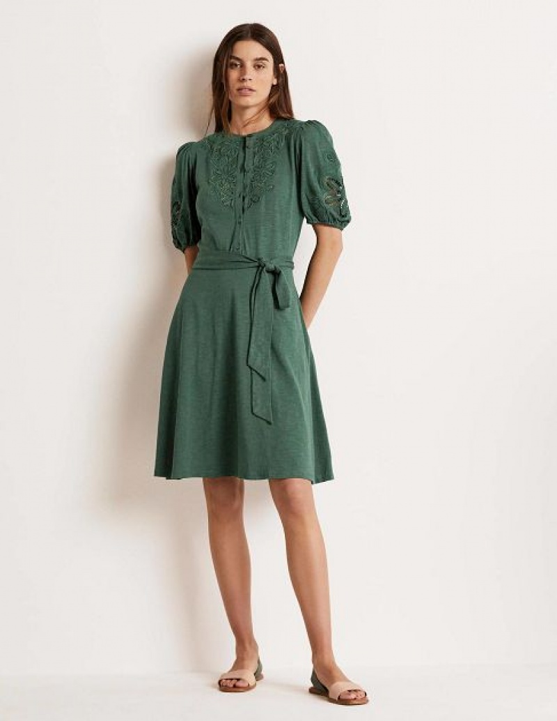 Green Women's Boden Embroidered Jersey Shirt Dress | 85794XAGI