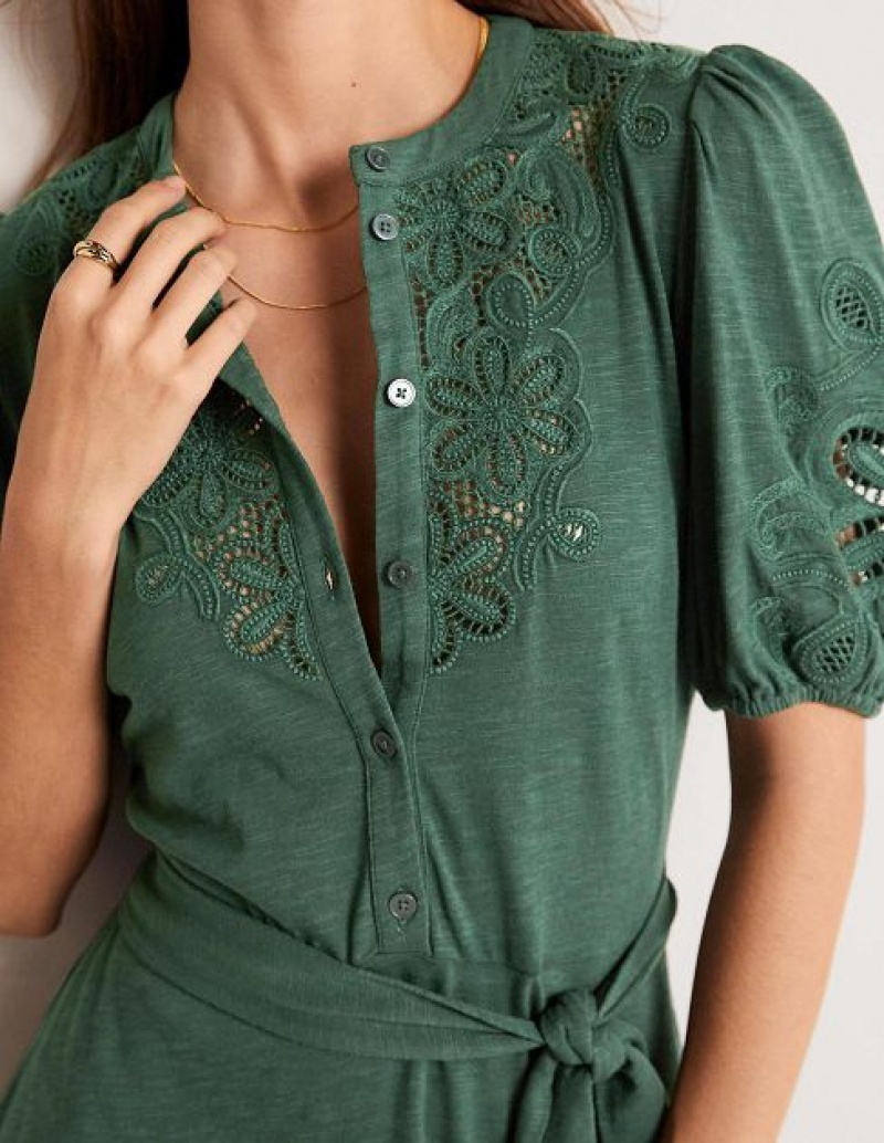 Green Women's Boden Embroidered Jersey Shirt Dress | 85794XAGI