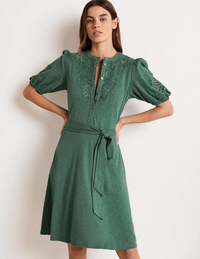 Green Women\'s Boden Embroidered Jersey Shirt Dress | 85794XAGI