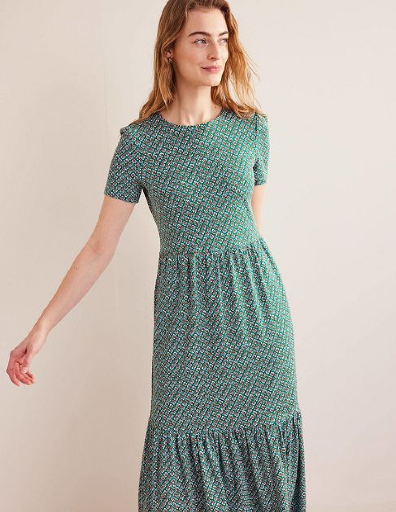 Green Women's Boden Emma Tiered Jersey Midi Dress | 97305WCJN