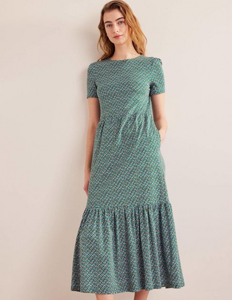 Green Women's Boden Emma Tiered Jersey Midi Dress | 97305WCJN