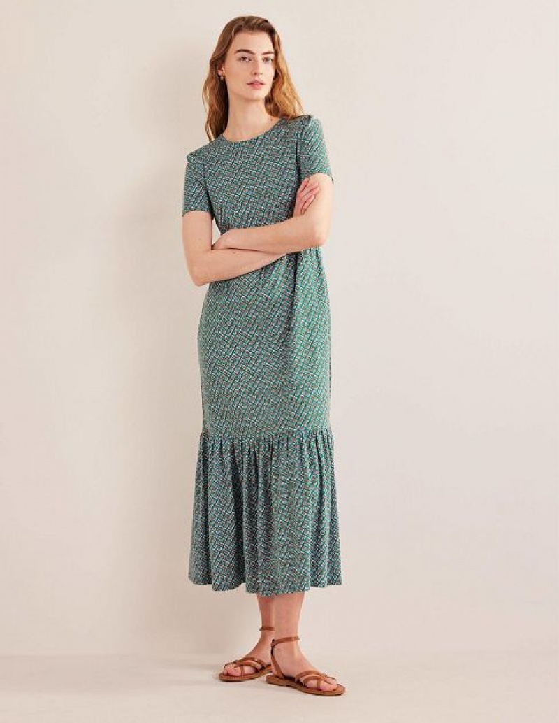 Green Women\'s Boden Emma Tiered Jersey Midi Dress | 97305WCJN