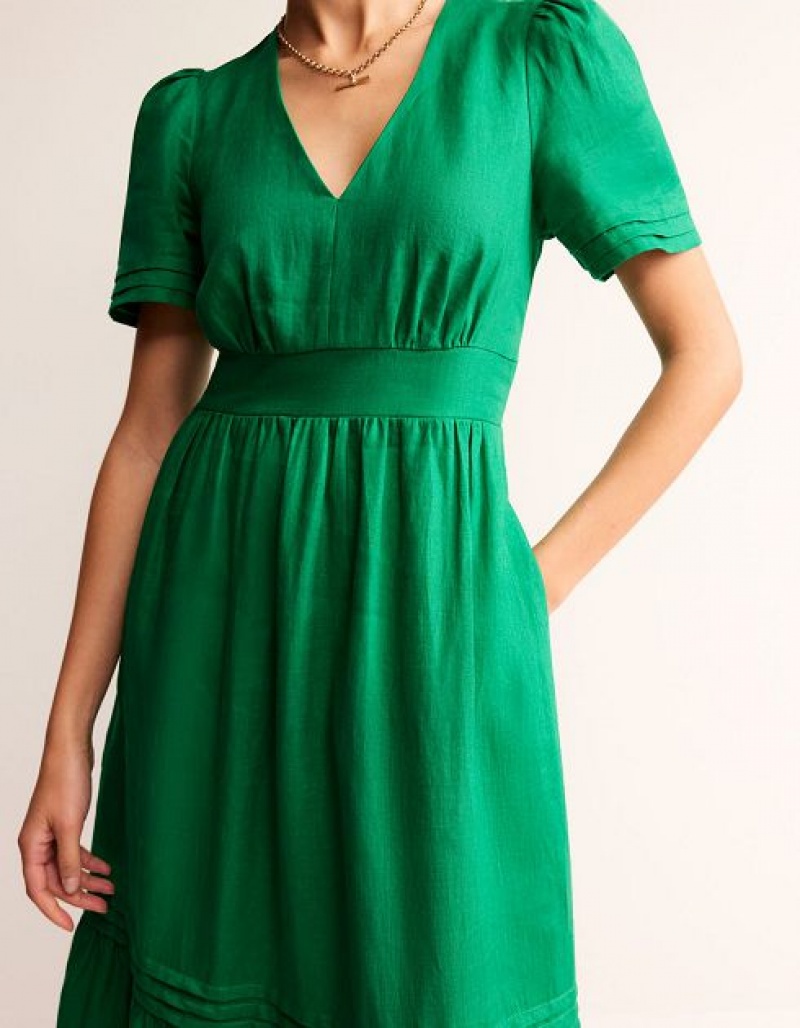 Green Women's Boden Eve Linen Midi Dress | 74295NZUR