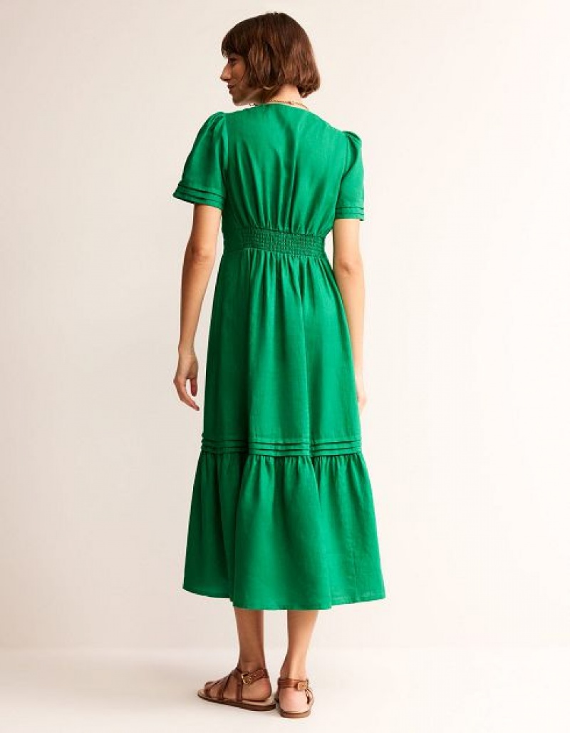 Green Women's Boden Eve Linen Midi Dress | 74295NZUR