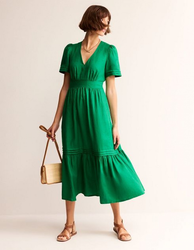 Green Women's Boden Eve Linen Midi Dress | 74295NZUR