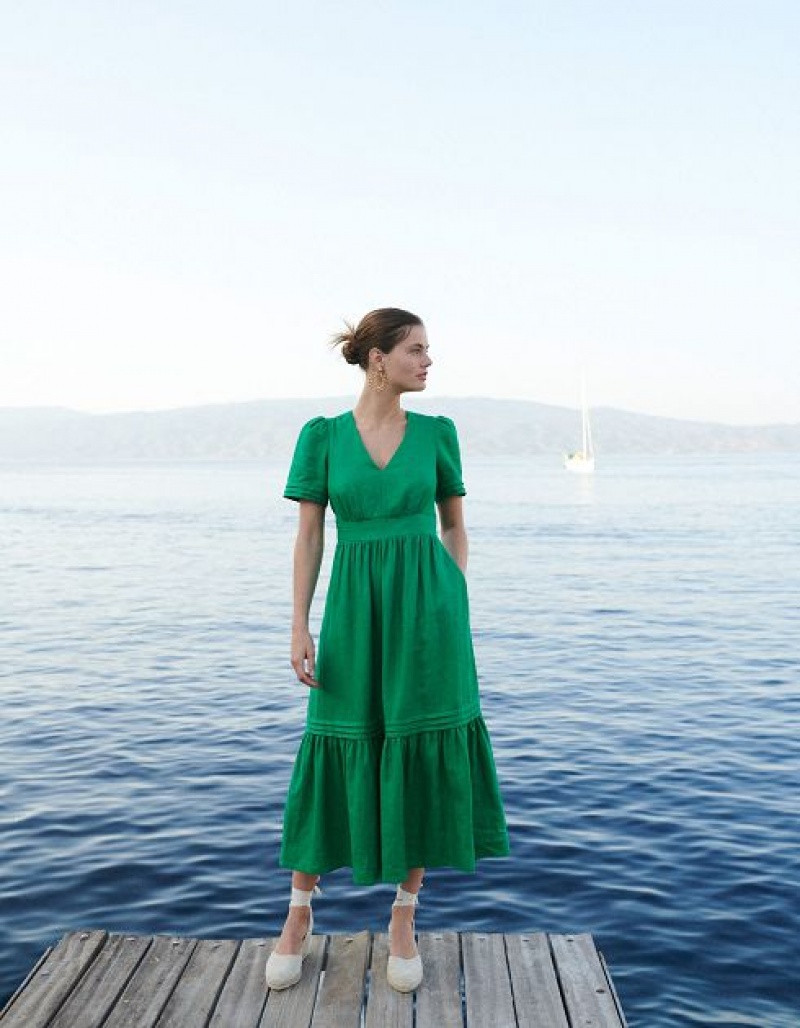 Green Women's Boden Eve Linen Midi Dress | 74295NZUR