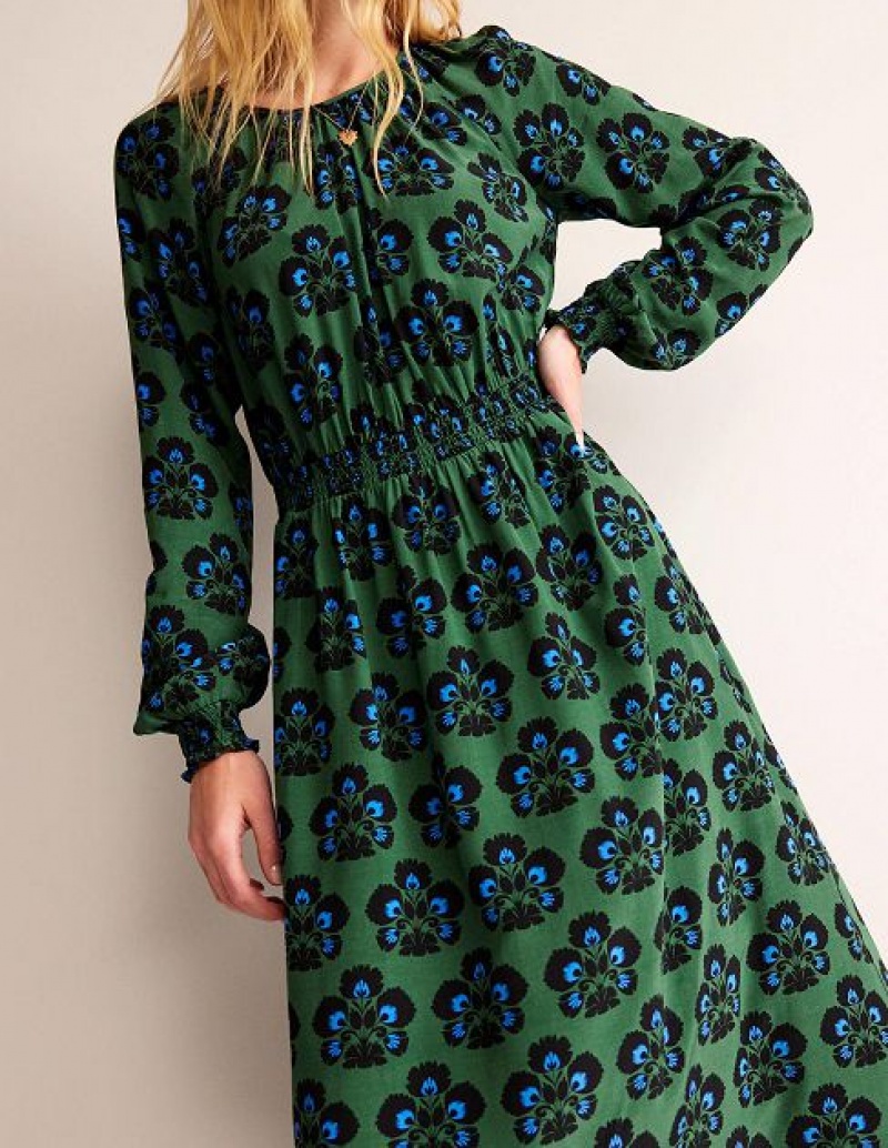 Green Women's Boden Gather Raglan Midi Dress | 65492ZQOT