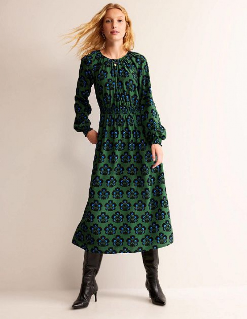 Green Women's Boden Gather Raglan Midi Dress | 65492ZQOT