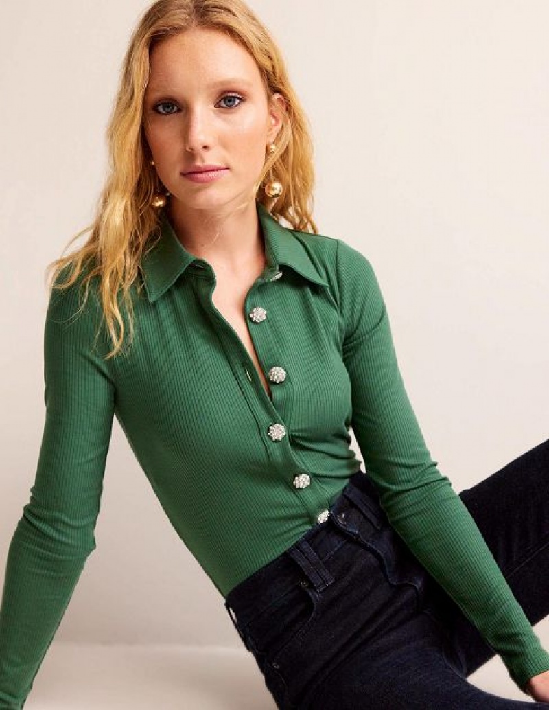 Green Women's Boden Jewelled-button Ribbed Shirts | 30476FAEW