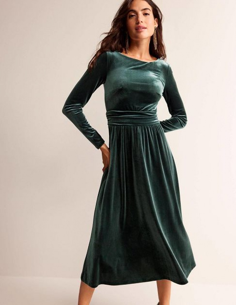 Green Women's Boden Lois Velvet Dress | 16937VNUC