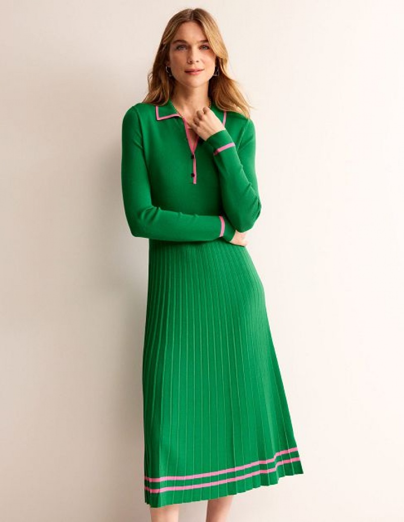 Green Women's Boden Mollie Pleated Knitted Dress | 94621NSEH