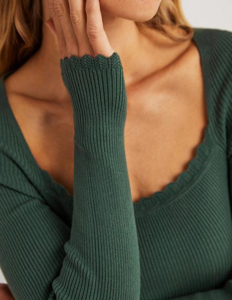 Green Women's Boden Ribbed Square Neck Tops | 43710OZFM